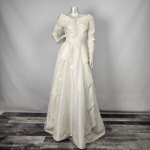 Vintage Cream Sequined Floral Detail Drop Shoulder Wedding Dress Size XS